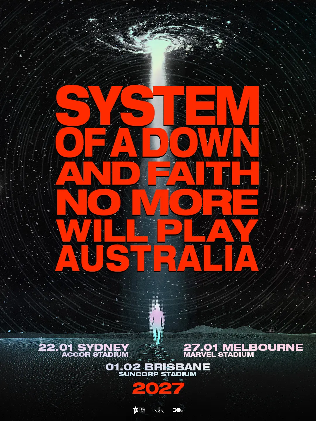 System Of A Down and Faith No More Australian stadium tour concert poster including Marvel Stadium Melbourne